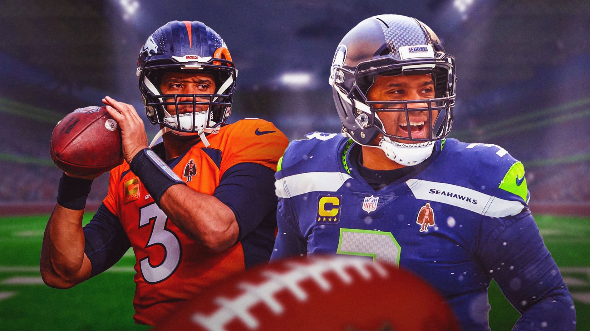 Russell Wilson playing for the Denver Broncos and the Seattle Seahawks.