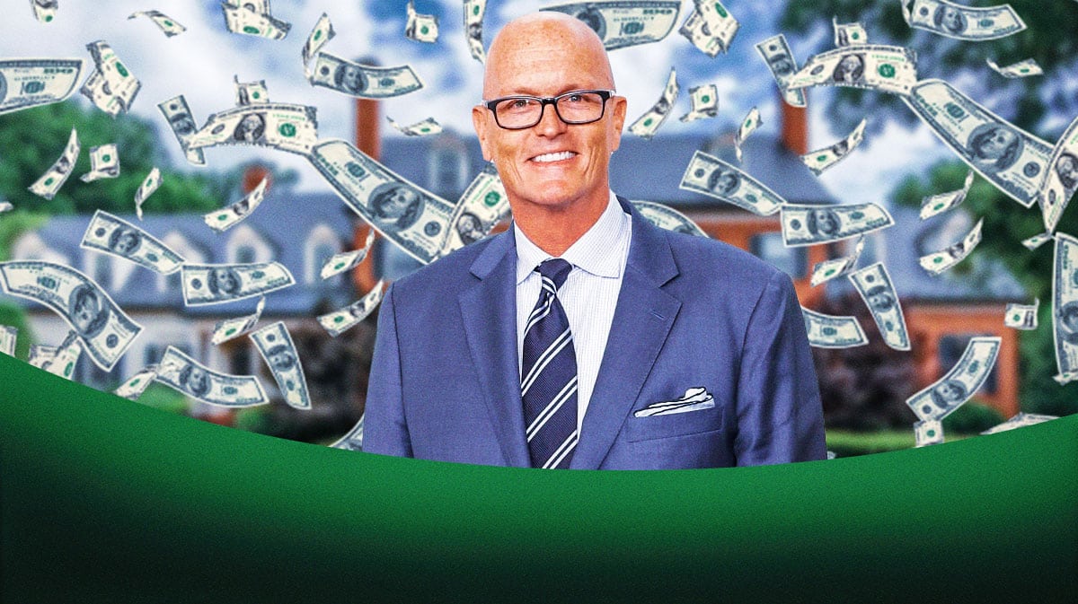 Scott Van Pelt surrounded by raining cash.