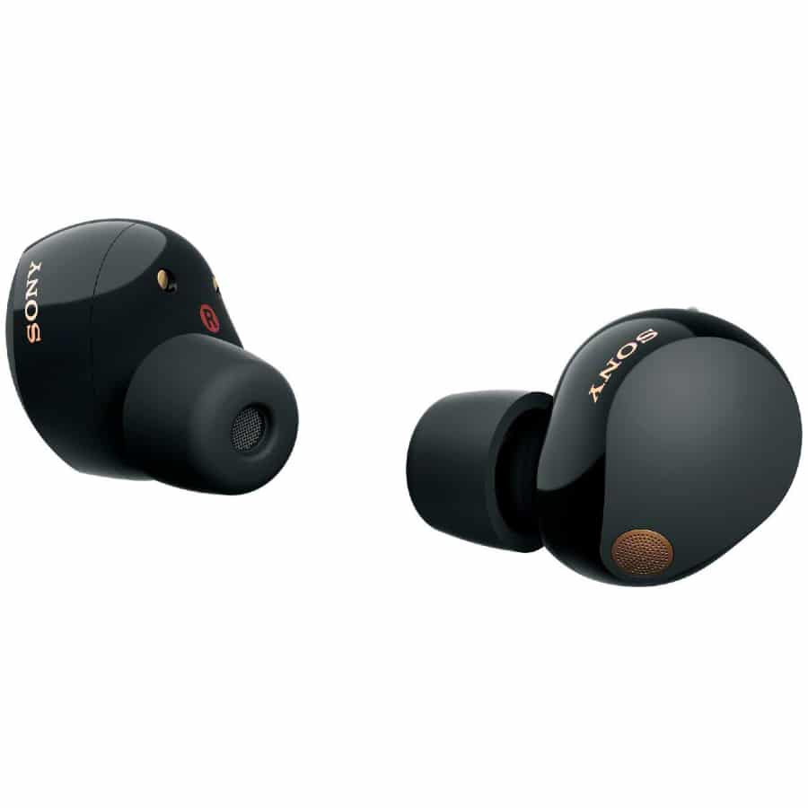Sony WF1000XM5 True Wireless Noise Cancelling Earbuds - Black colored on a white background.
