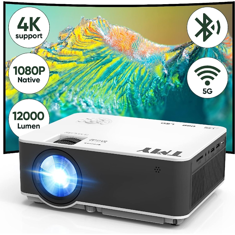 TMY Native 1080P 4K Projector with 5G WiFi and Bluetooth 5.1 display on a white background. 