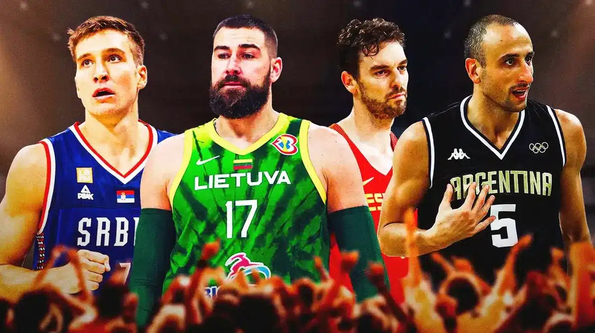Photo: Bogdan Bogdanovic in Serbia jersey, Jonas Valanciunas in Lithuania jersey, Pau Gasol in Spain jersey, Manu Ginobli in Argentina jersey playing against Team USA
