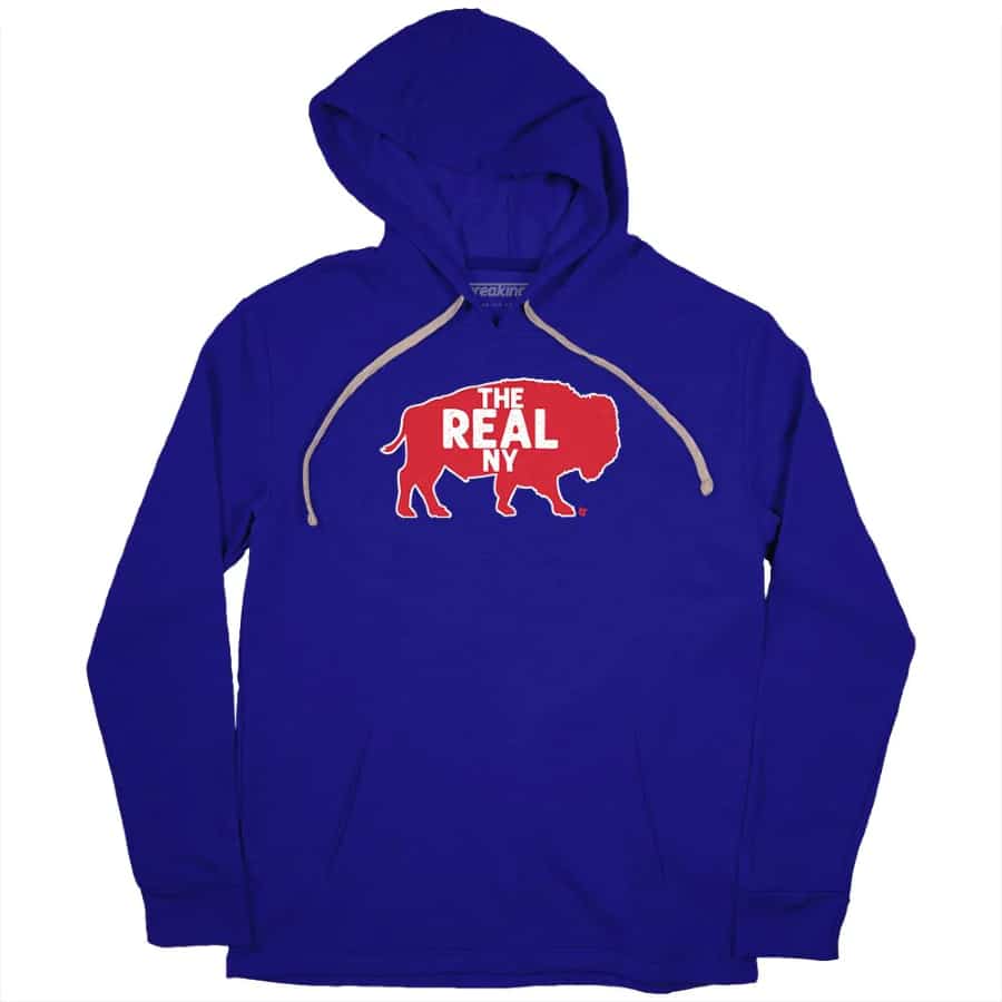 The Real New York Hoodie - Royal Blue colored on a white background. 