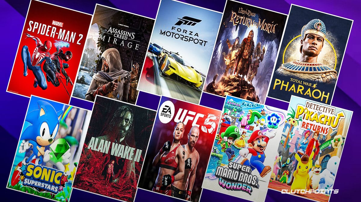 Top 10 New Games of October 2023 Spider-Man 2, Assassin's Creed Mirage, Forza Motorsport, Lord of the Rings Return to Moria, Total War Pharaoh, Sonic Superstars, Alan Wake II, EA Sports UFC 5, Super Mario Bros. Wonder, Detective Pikachu Returns