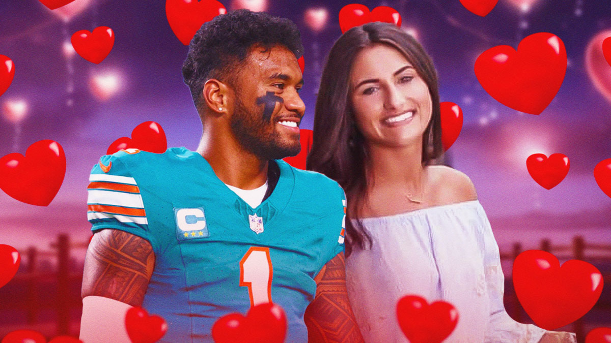Tua Tagovailoa and Annah Gore surrounded by hearts.