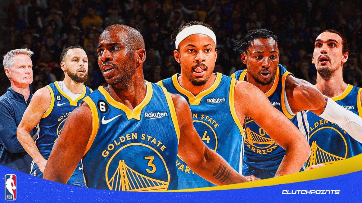 Steve Kerr, Stephen Curry, Chris Paul, Moses Moody, Jonathan Kuminga, Dario Saric, Warriors