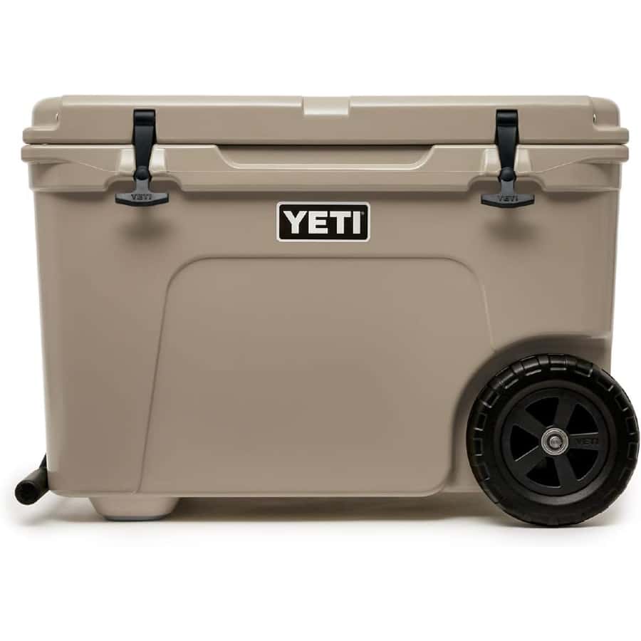 YETI Tundra Haul Portable Wheeled Cooler - Tan colored on a white background.