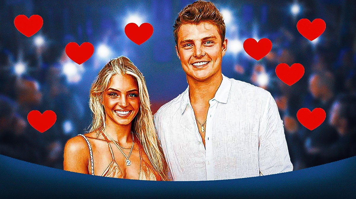 Nicolette Dellanno and Zach Wilson surrounded by hearts.