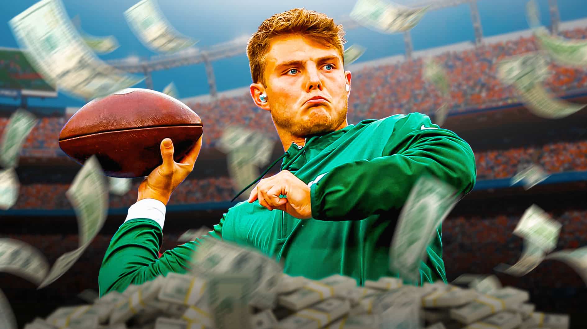 Zach Wilson surrounded by piles of cash.
