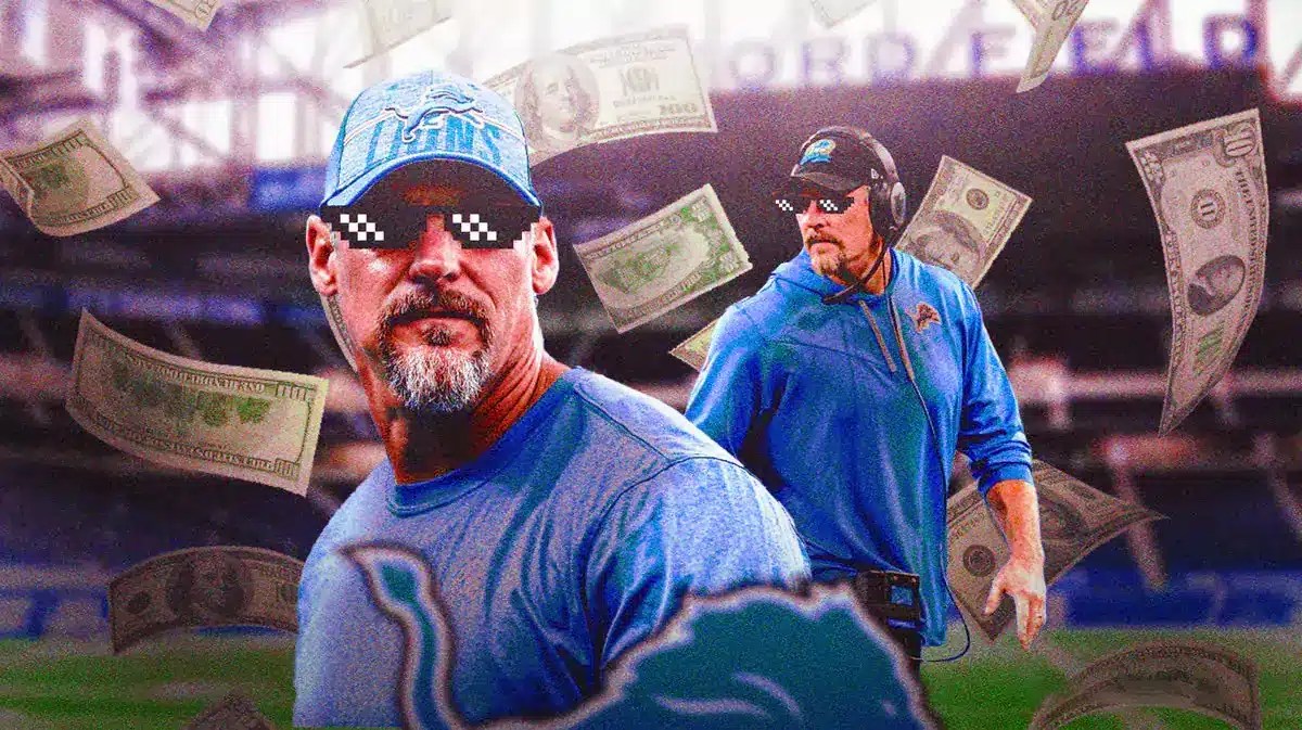 Dan Campbell surrounded by raining money.