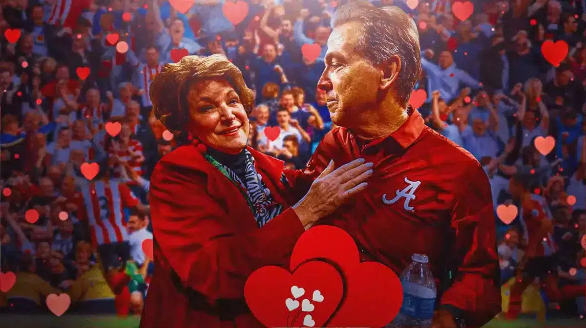 Nick Saban and Terry Saban surrounded by hearts.