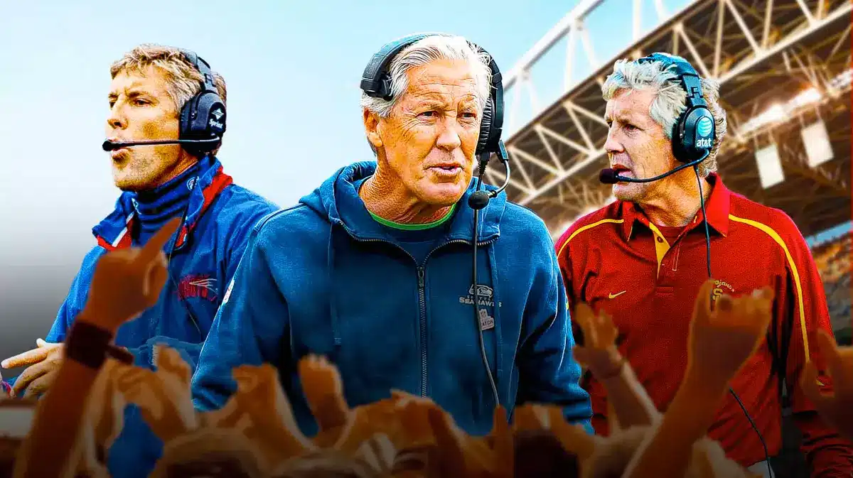Pete Carroll coaching for the New England Patriots, Seattle Seahawks and USC Trojans.