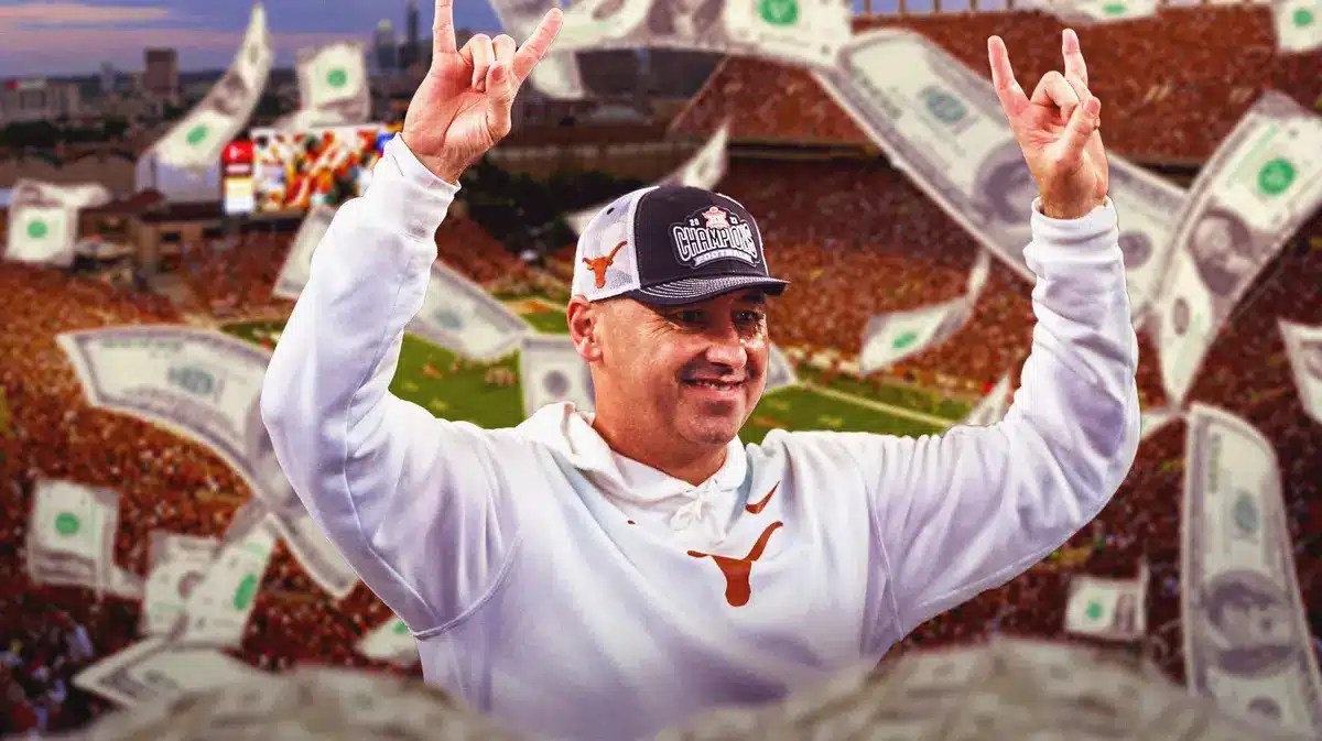 University of Texas football coach Steve Sarkisian surrounded by piles of cash.