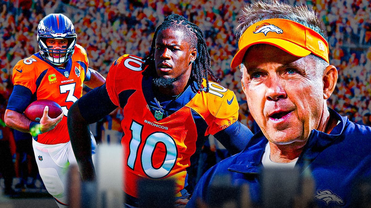 Denver Broncos' Jerry Jeudy in middle of image, with Broncos QB Russell Wilson on one side and Broncos coach Sean Payton on the other