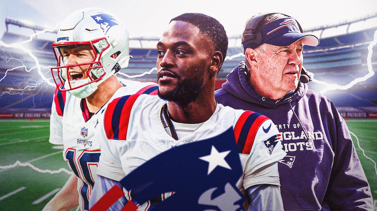 David Bell in the middle with Mac Jones and Bill Belichick around him. Thunderbolts in the background with the New England Patriots logo somewhere in the background.