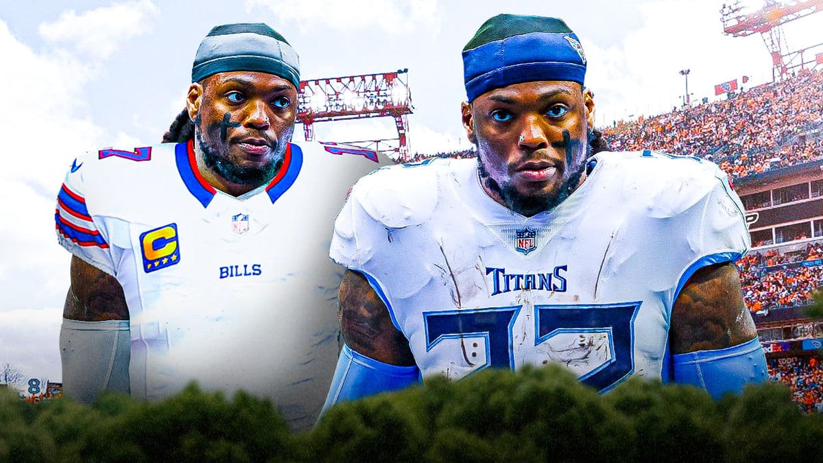 Derrick Henry in Titans and Bills jerseys