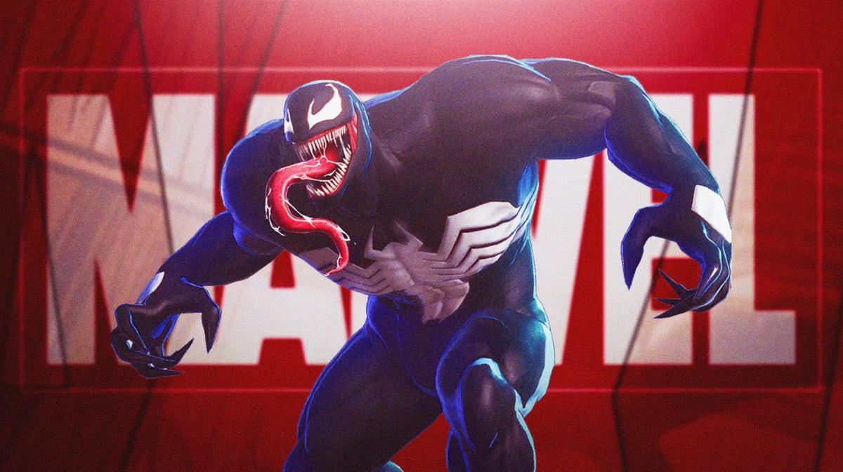 Venom with the Marvel Comics logo in the background