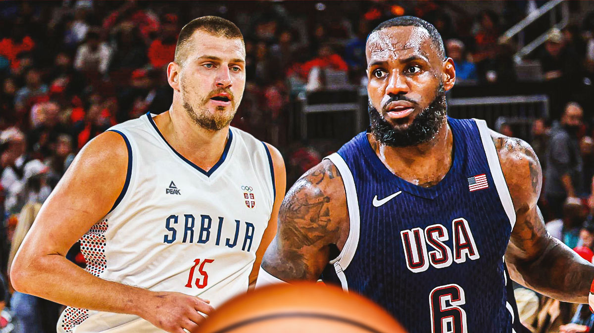 Nikola Jokic playing for Serbia and LeBron James playing for Team USA.