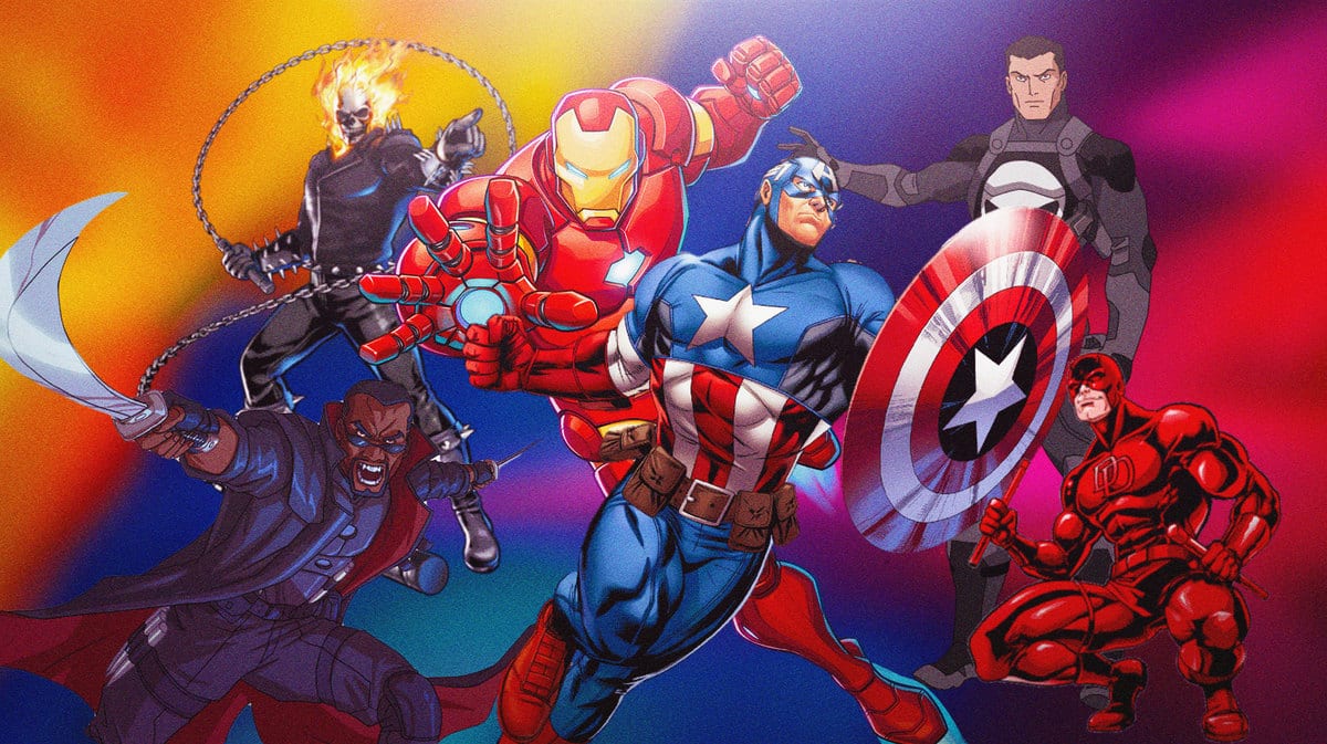 From left to right, Ghost Rider, Blade, Iron Man, Captain America, The Punisher, & Daredevil, 10 Marvel Heroes That Should Get An Insomniac Game Next