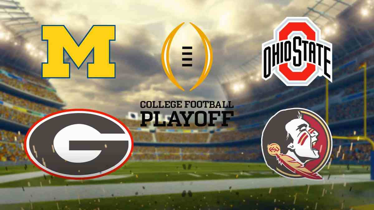 College Football Playoff rankings, Michigan, Georgia, Oregon, Ohio State, College Football Playoff logo with Michigan, Ohio State, Georgia and Florida State logos in background