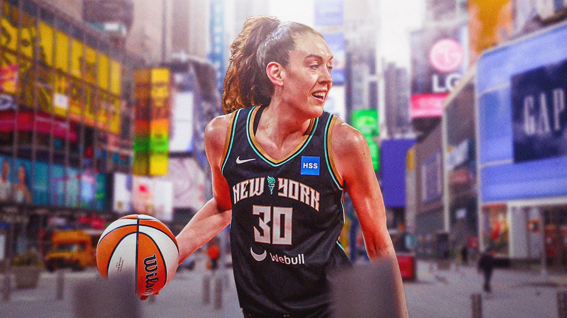 Liberty’s Breanna Stewart holding a basketball and standing in New York City