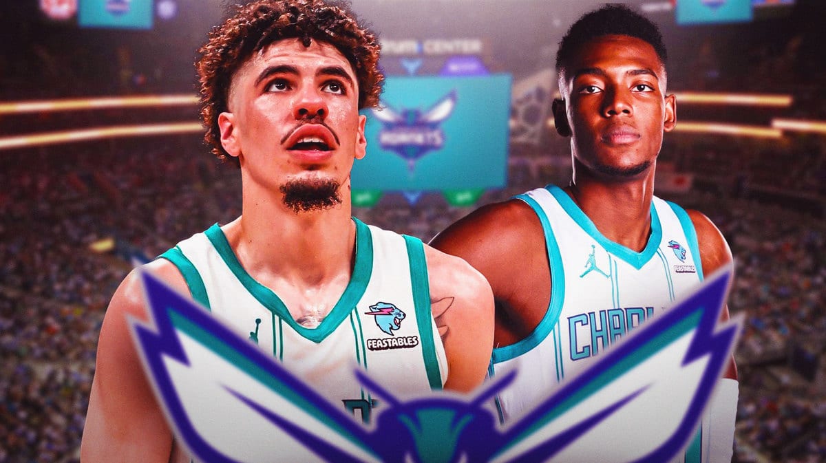 Hornets Lamelo Ball, Hornets logo, Hornets Brandon Miller. Background is Spectrum Center