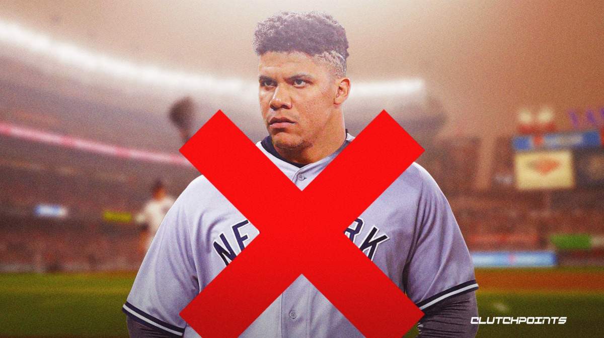 Juan Soto in a Yankees jersey with a red X over him amid Padres trade rumors