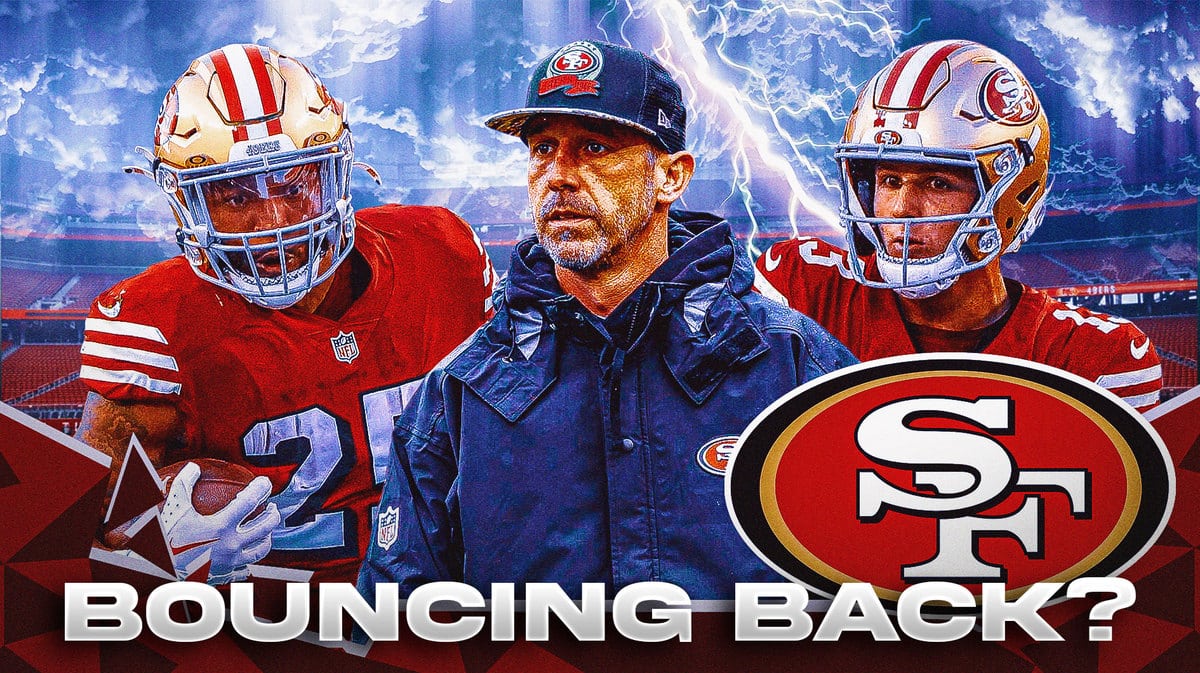 Coach Kyle Shanahan in the middle with Brock Purdy and Elijah Mitchell around him and lightning in the background.