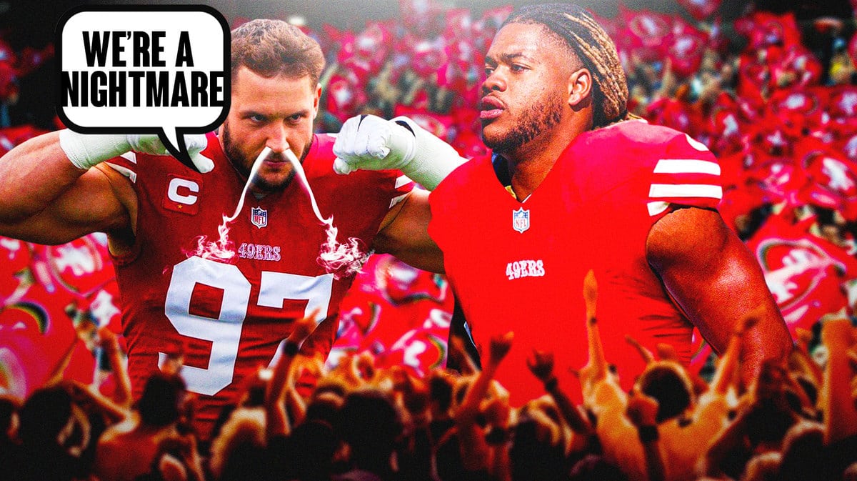 Nick Bosa, Chase Young both smiling in 49ers jerseys, have Bosa saying “We’re a nightmare” have them with smoke coming out of their noses, have screaming 49ers fans in the background please