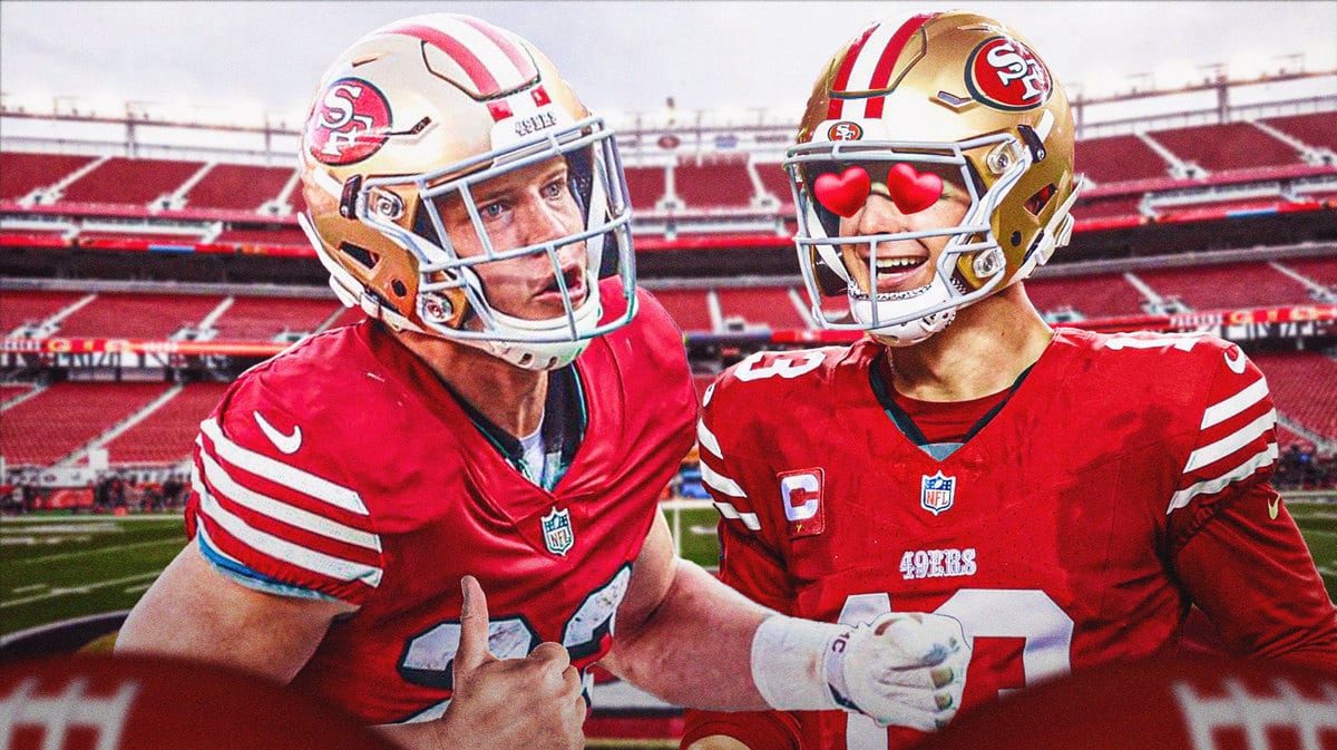 Thumb: Christian McCaffrey giving a thumbs up to 49ers' Brock Purdy. Purdy with heart eyes.