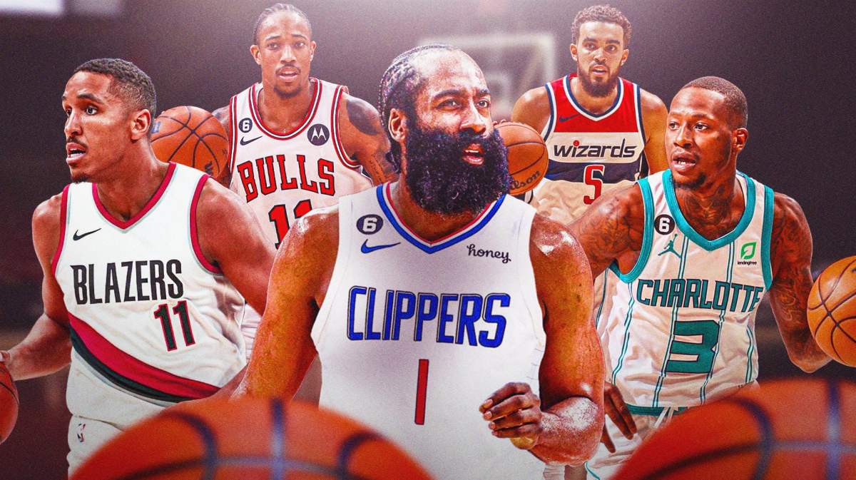 James Harden in Clippers jersey, behind him, have Malcolm Brogdon in Blazers jersey, DeMar DeRozan in Bulls jersey, Terry Rozier in Hornets jersey, Tyus Jones in Wizards jersey, all players in action please