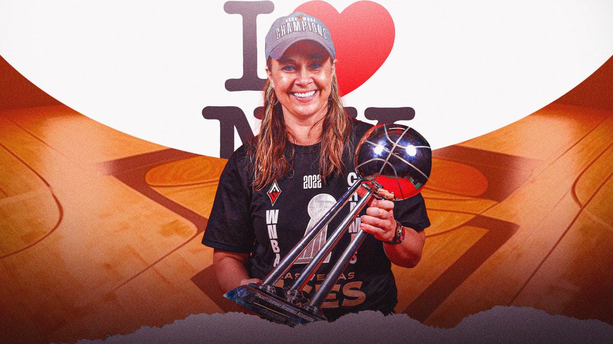 Las Vegas Aces coach Becky Hammon and a I Love New York logo