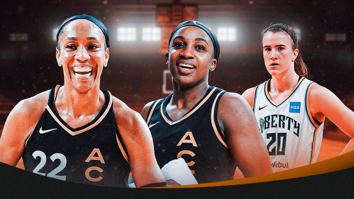 Image: Las Vegas Aces' A’ja Wilson, Jackie Young looking happy in foreground. NY Liberty’s Sabrina Ionescu looking sad in background.