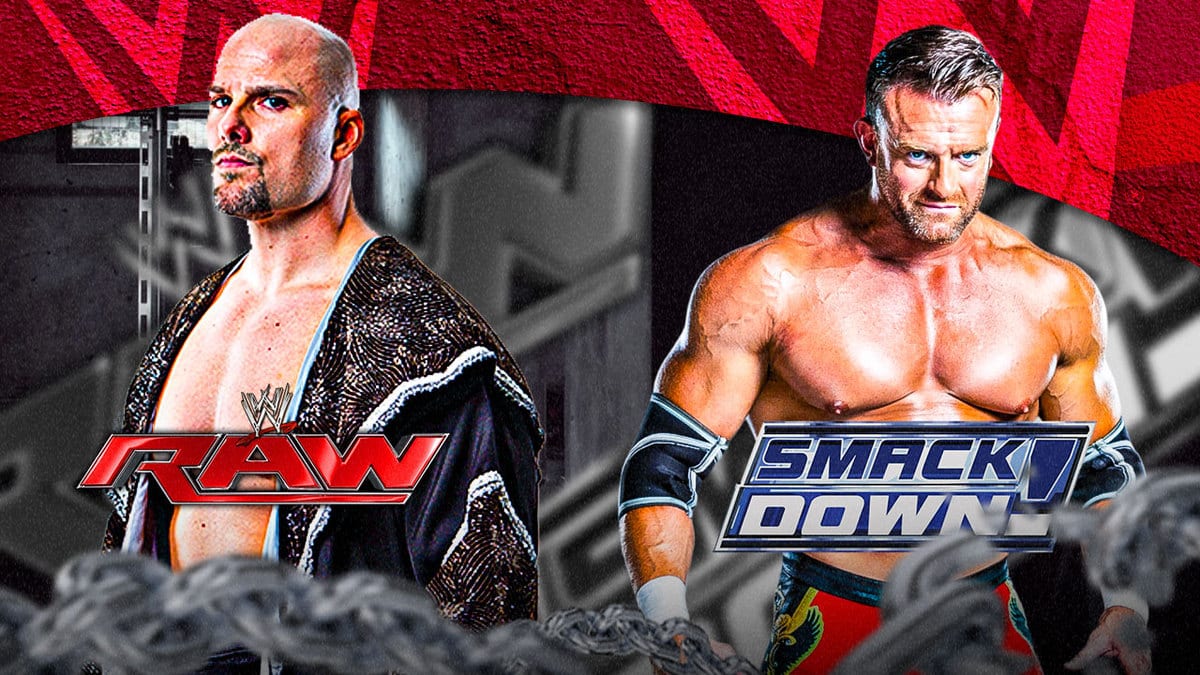 Adam Pearce with the RAW logo behind him on the left and Nick Aldis with the SmackDown logo behind him with a WWE logo and a Vs. Symbol between them.