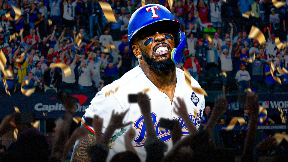 Texas Rangers star Adolis Garcia at Globe Life Field with a World Series patch on his jersey