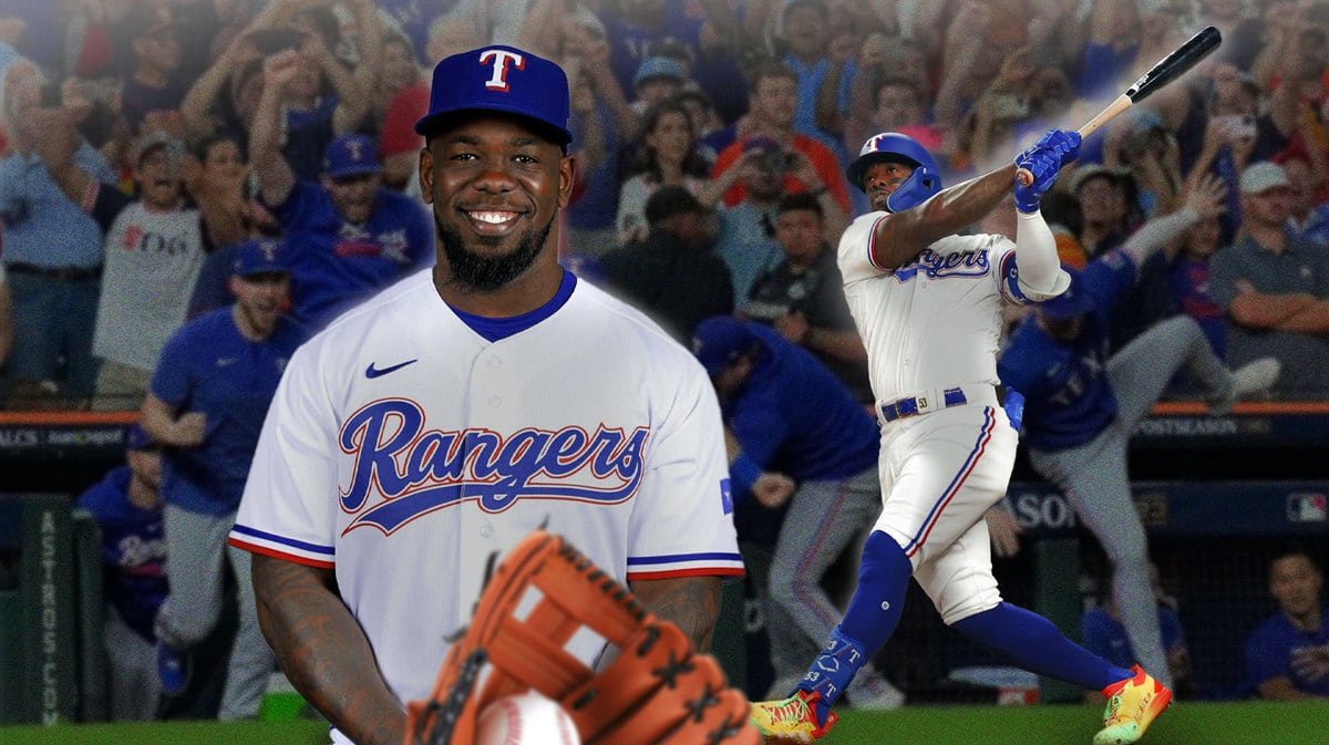 Adolis Garcia smiling, another photo of him swinging the bat, both in Rangers jerseys, have screaming Texas Rangers fans in background