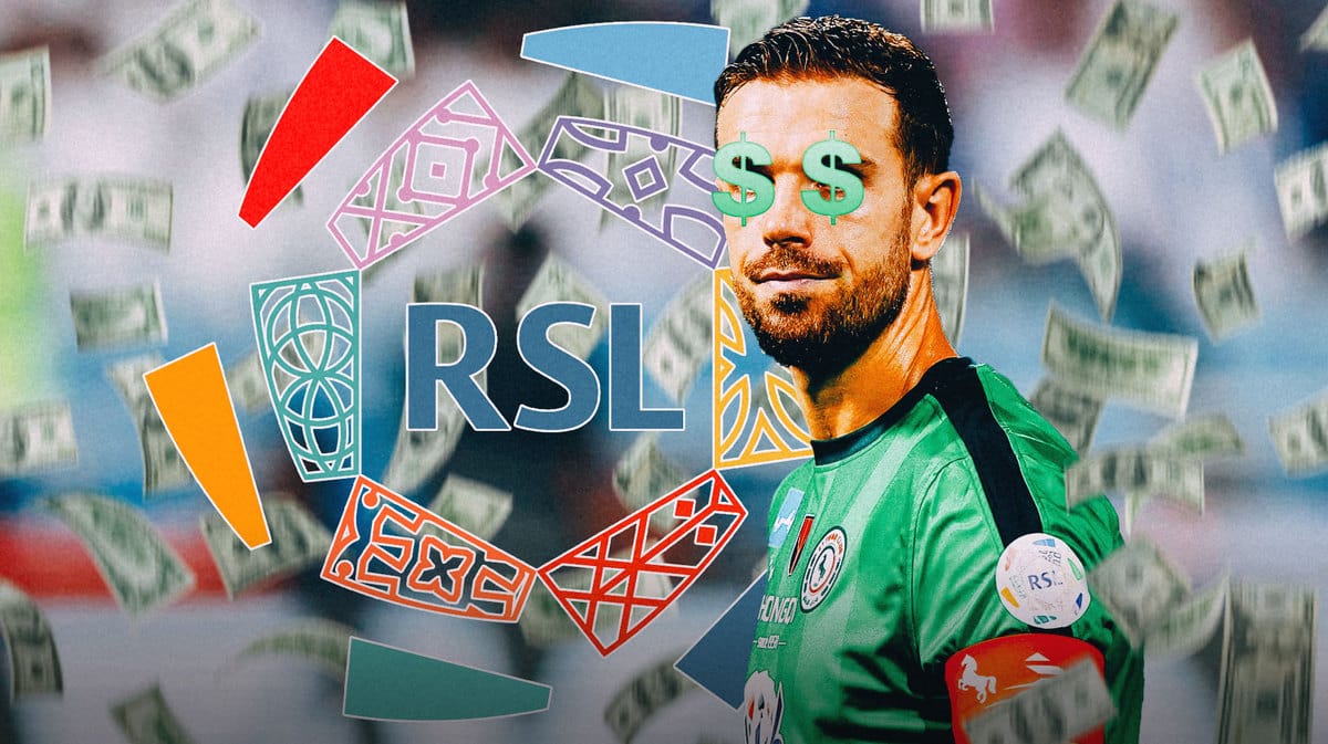 Jordan Henderson with dollar signs on his eyes, in front of the Saudi Pro League logo, money falling from the air around him