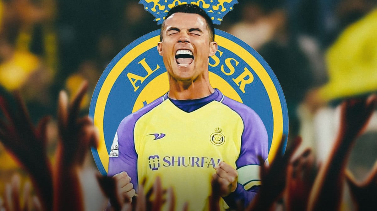 Cristiano Ronaldo celebrating in front of the Al-Nassr logo