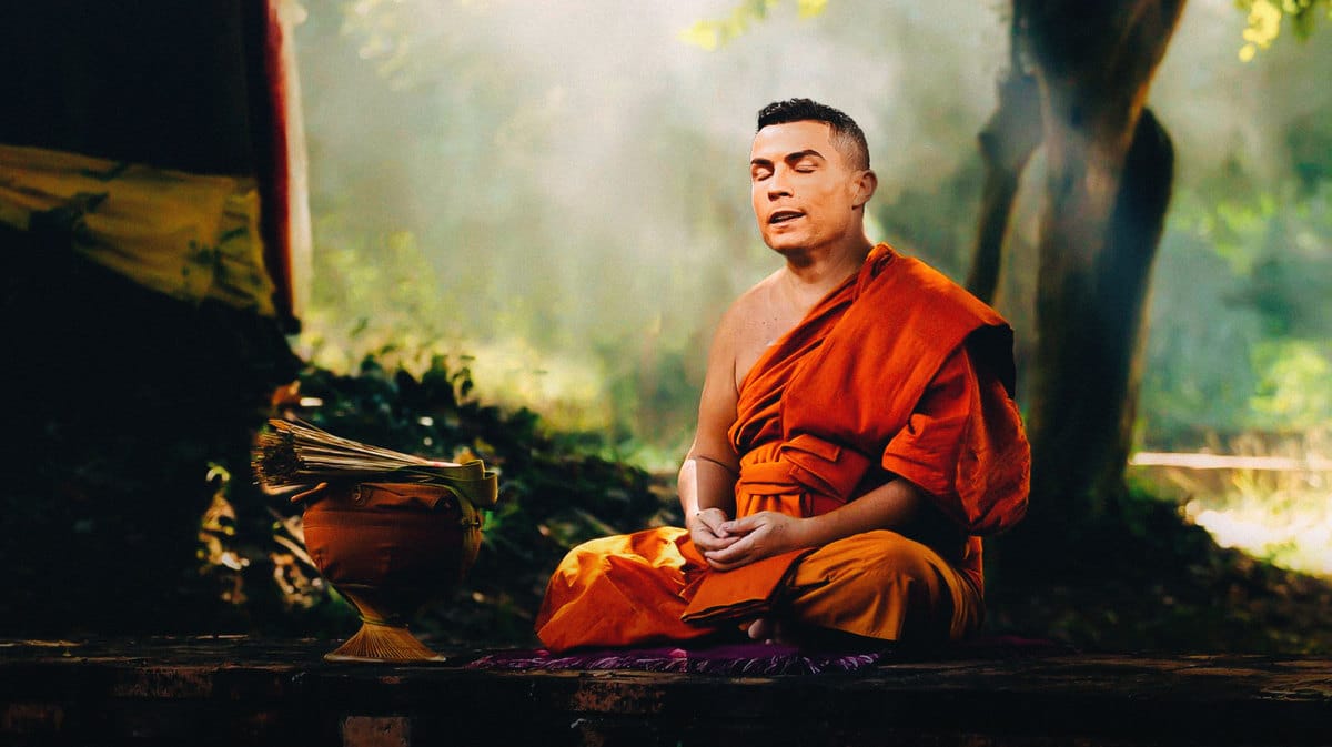 Cristiano Ronaldo with his eyes closed meditating in a forest as a monk