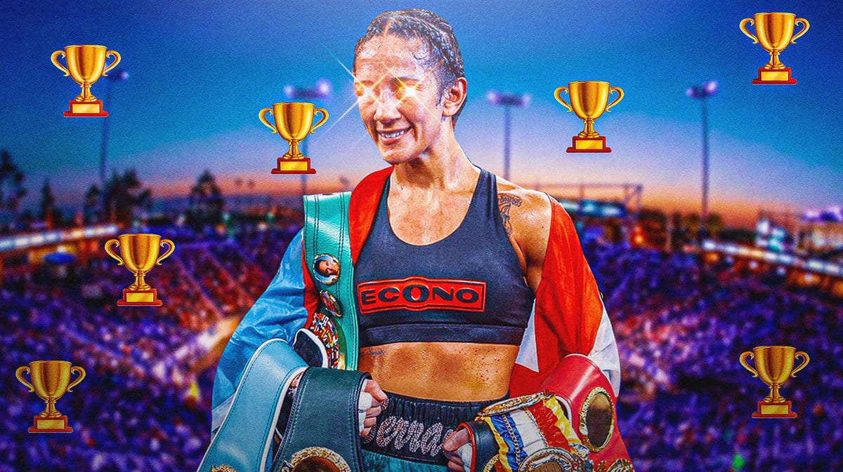 Amanda Serrano with the red laser eyes with her boxing title belts on her shoulders, and trophy emojis surronding her.