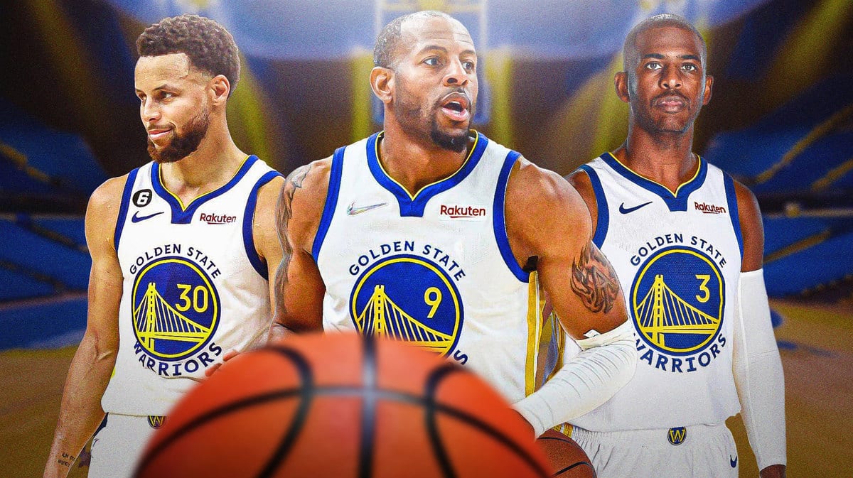 Golden State Warriors Stephen Curry, Chris Paul, and Andre Iguodala in front of the Chase Center.