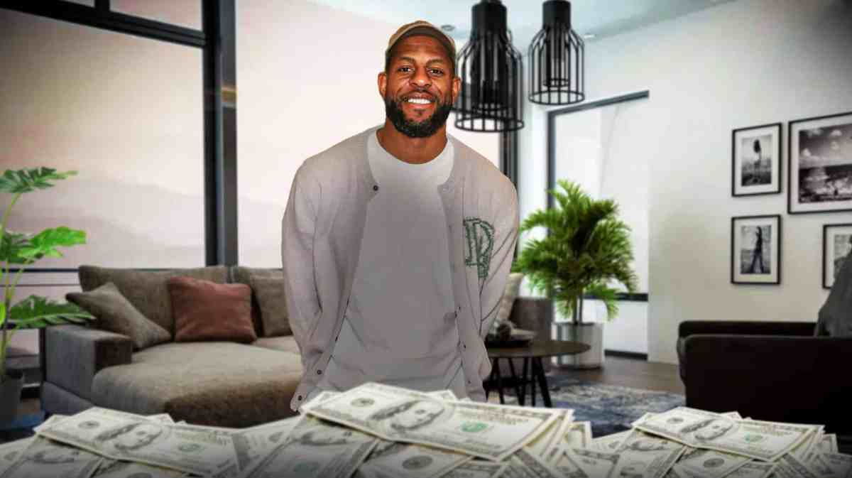 Andre Iguodala surrounded by piles of cash.