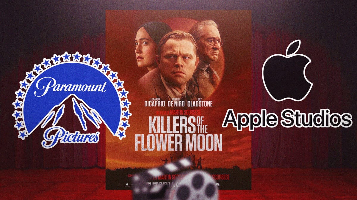 Paramount Pictures and Apple TV+/Original Films logos, Killers of the Flower Moon poster in front of movie theater background.