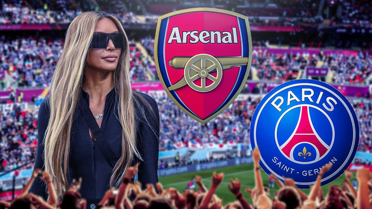 Kim Kardashian watching soccer, the Arsenal and PSG logos in the air