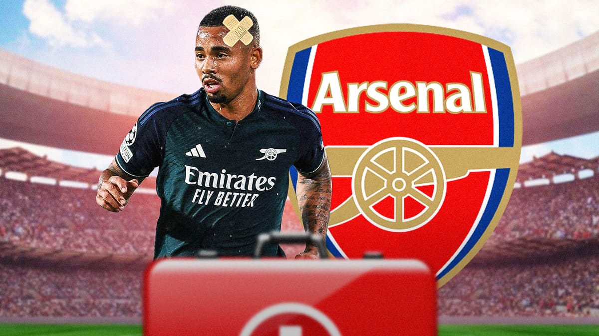 Gabriel Jesus injured/sad in front of the Arsenal logo