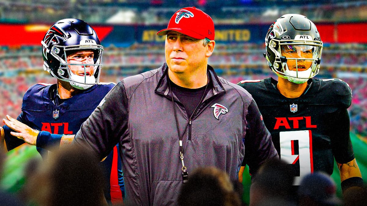 Arthur Smith stands next to Desmond Ridder and Taylor Heinicke after the Falcons loss to the Titans.