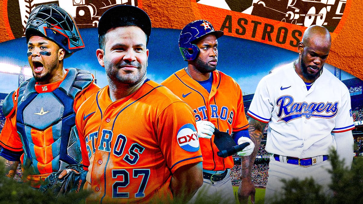 Astros' Martin Maldonado, Jose Altuve, and Yordan Alvarez all looking badass, with Rangers' Adolis Garcia looking dismayed