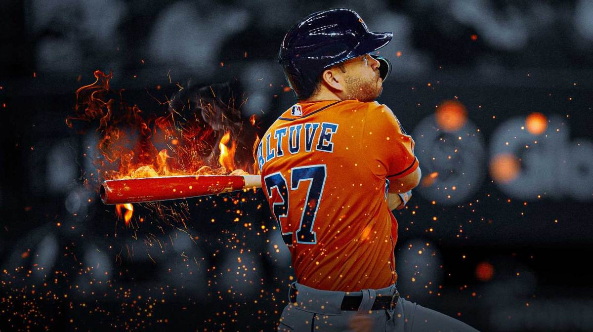 Astros, Rangers, ALCS, Manny Ramírez, Jose Altuve, Jose Altuve in Astros uni with Astros stadium in the background