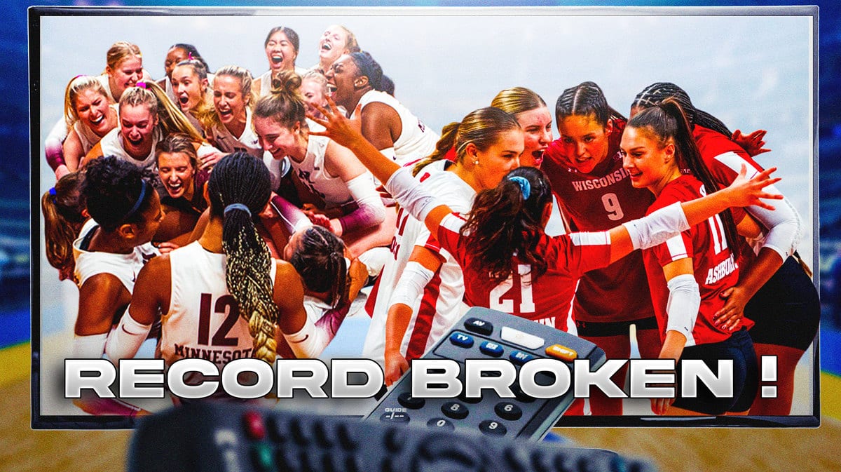 The Minnesota women's volleyball team and the Wisconsin women's volleyball team inside a television with a remote pointing at it, with the words "Record broken!" at the bottom.