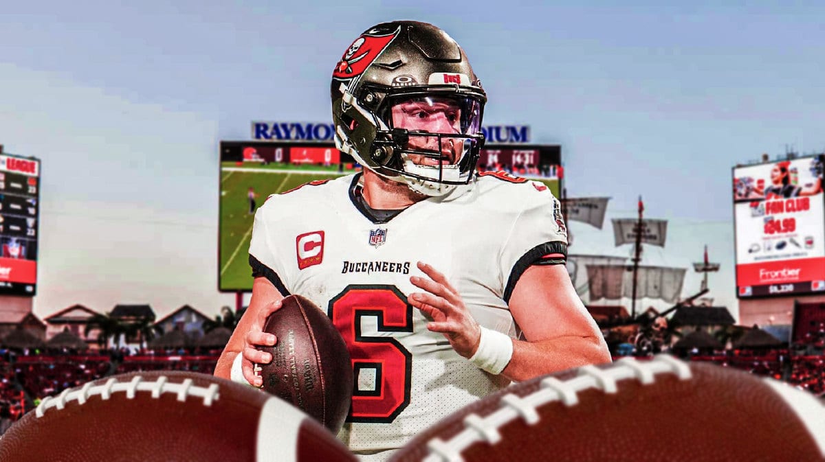 Baker Mayfield in front of Bucs stadium