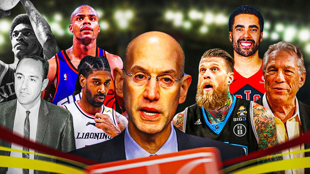 Adam Silver in front. On the right side is Jack Molinas, Roger Brown, OJ Mayo, Roy Tarpley, Richard Dumas. On the left side is Chris Birdman Anderson, Donald Sterling, and can add Jontay Porter to this side please.